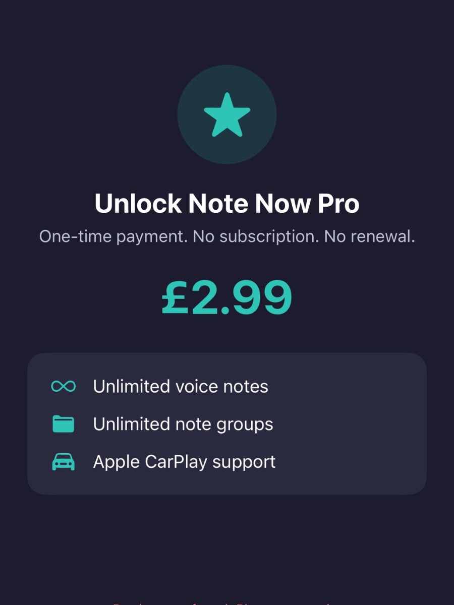 In-app Note Now Pro paywall showing the £2.99 one-time price and the unlocked Pro features