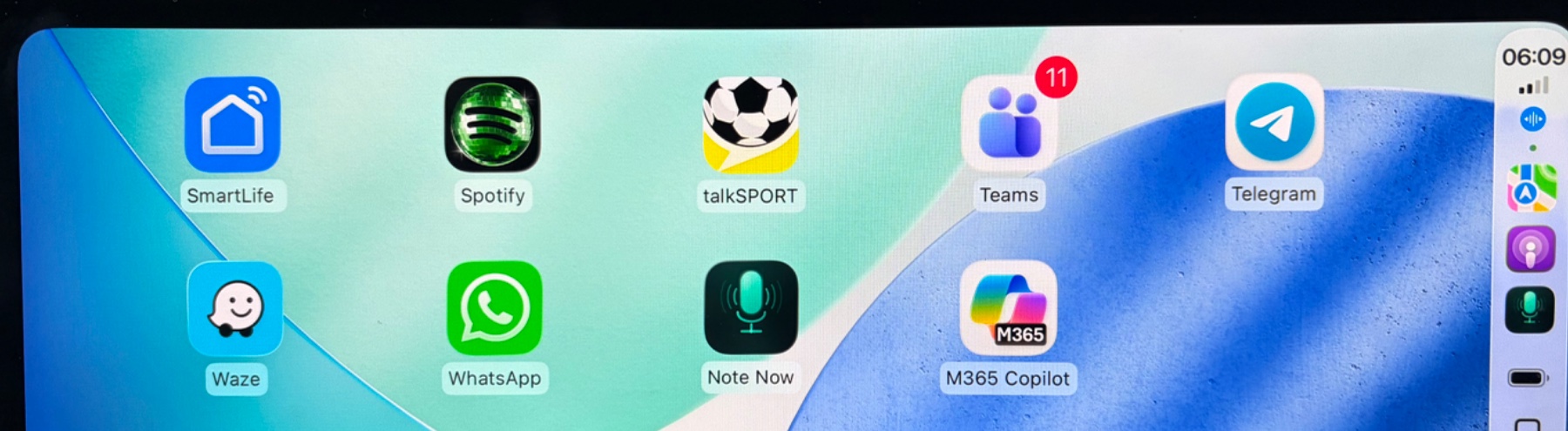Apple CarPlay home screen with Note Now installed alongside Spotify, WhatsApp, Waze and Teams
